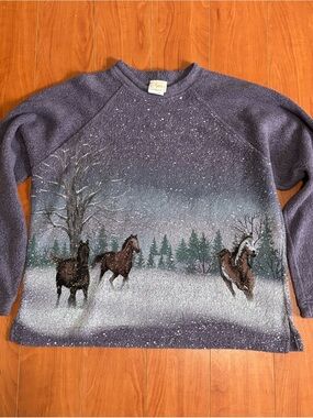 Artisan Purple Crewneck Sweater with Horse Winter Scene - Size Medium